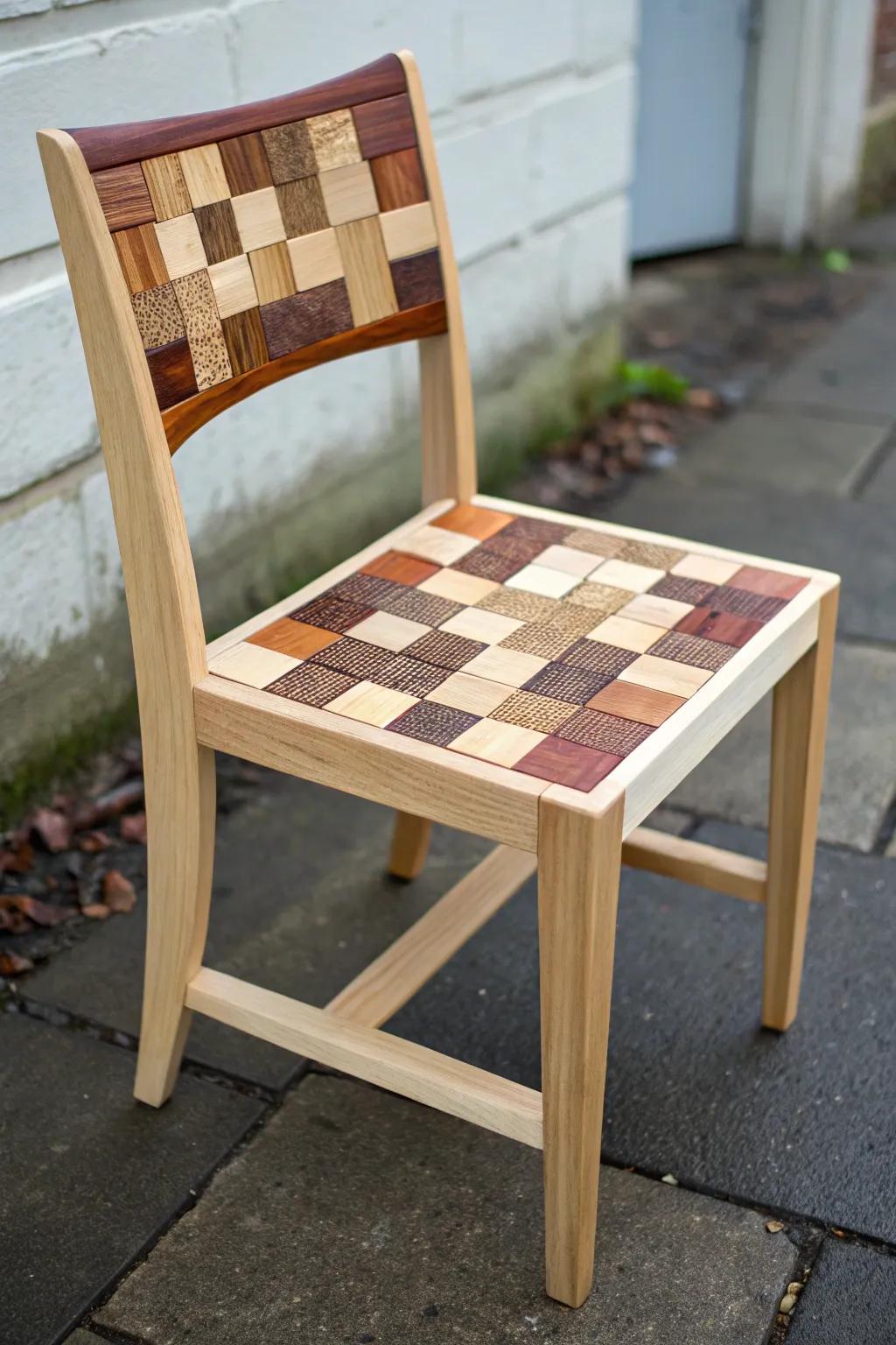 Patchwork scrap-wood seat chair—Scandi minimalism with a bold, quilt-like grain mosaic.