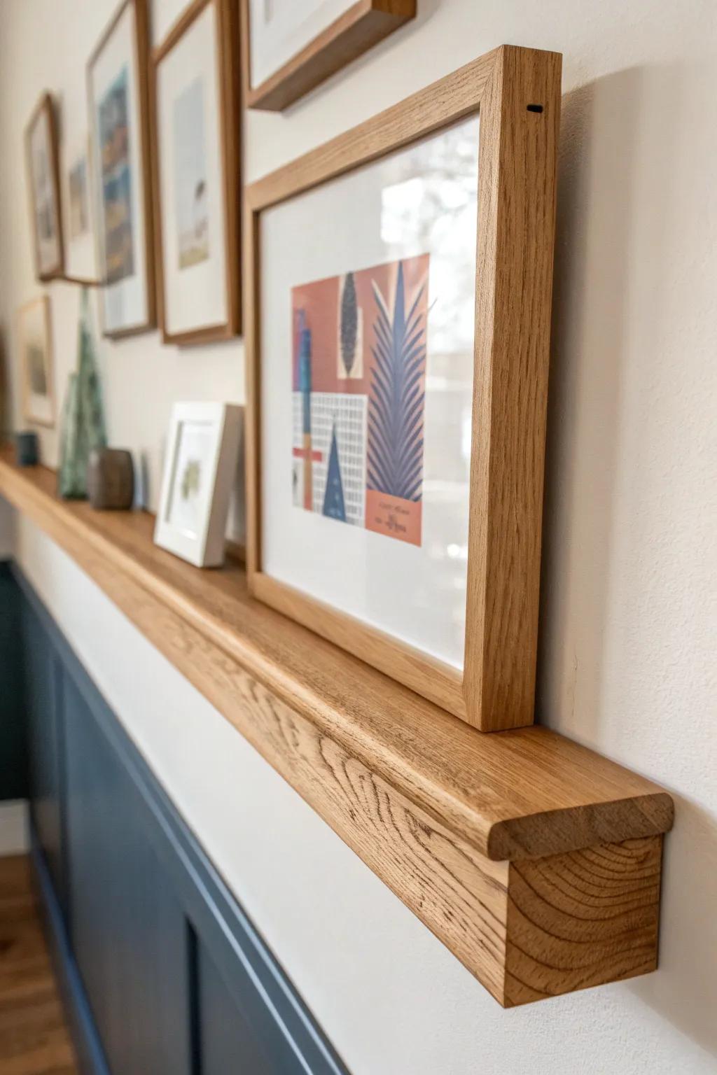 Chunky DIY picture ledge with layered leaning frames—swap art anytime, zero new nail holes.