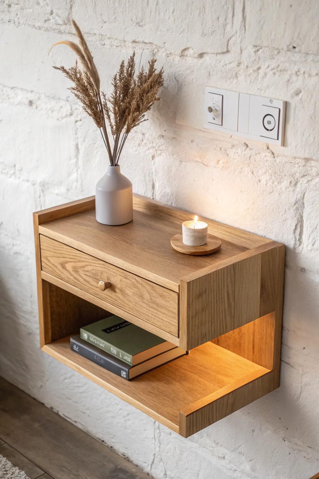 Floating nightstand with warm under-glow shelf—airy, minimal, and beautifully crafted.