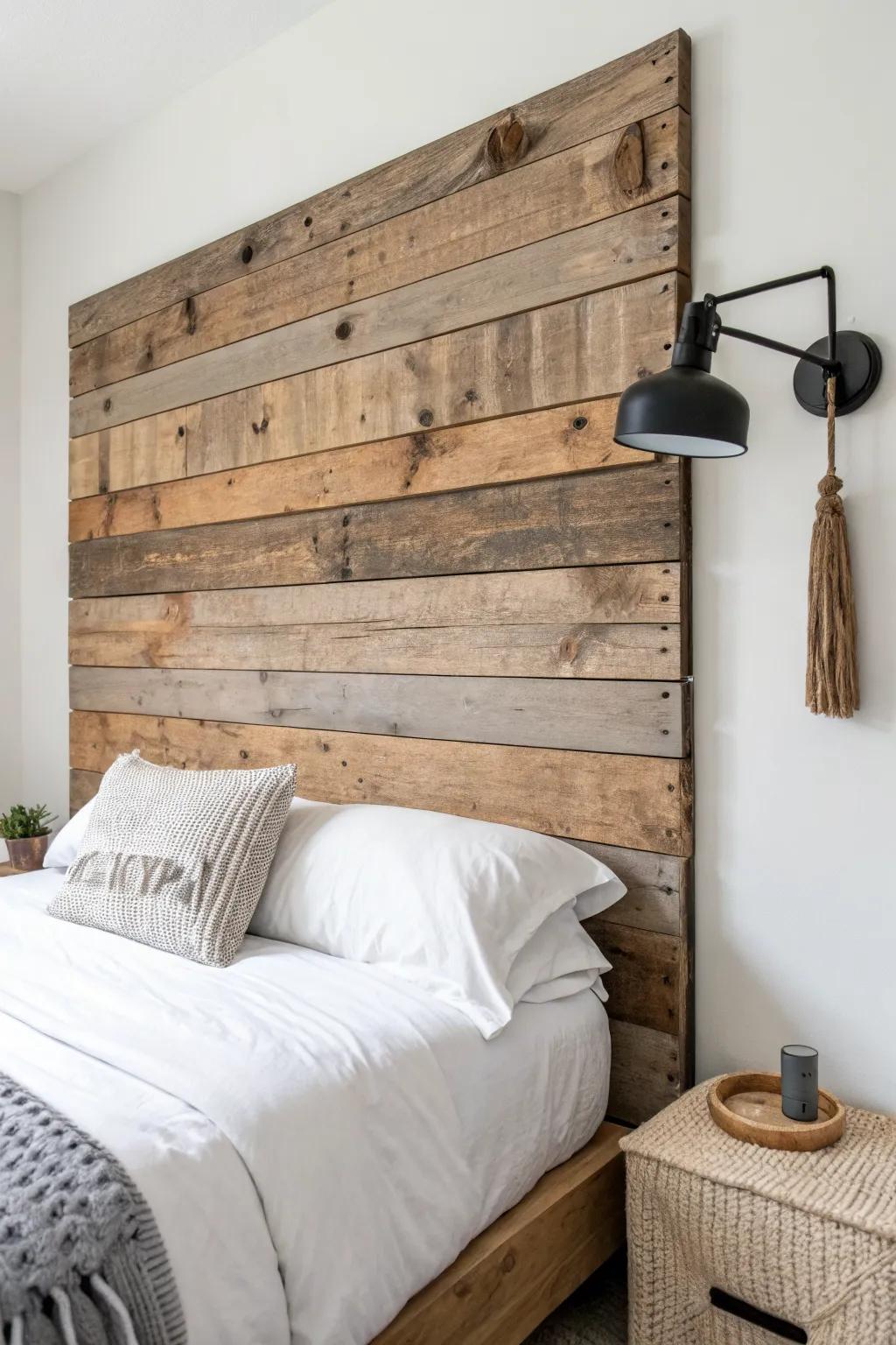 Reclaimed planks, clear-coated and perfectly mismatched—rustic character with clean Scandinavian calm.