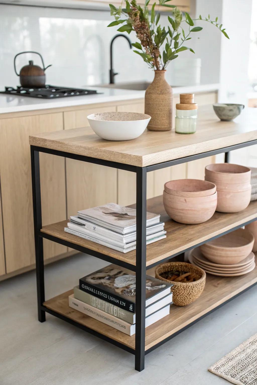 Open-shelf kitchen island styling—handcrafted oak shelves for bowls, books, and beauty.