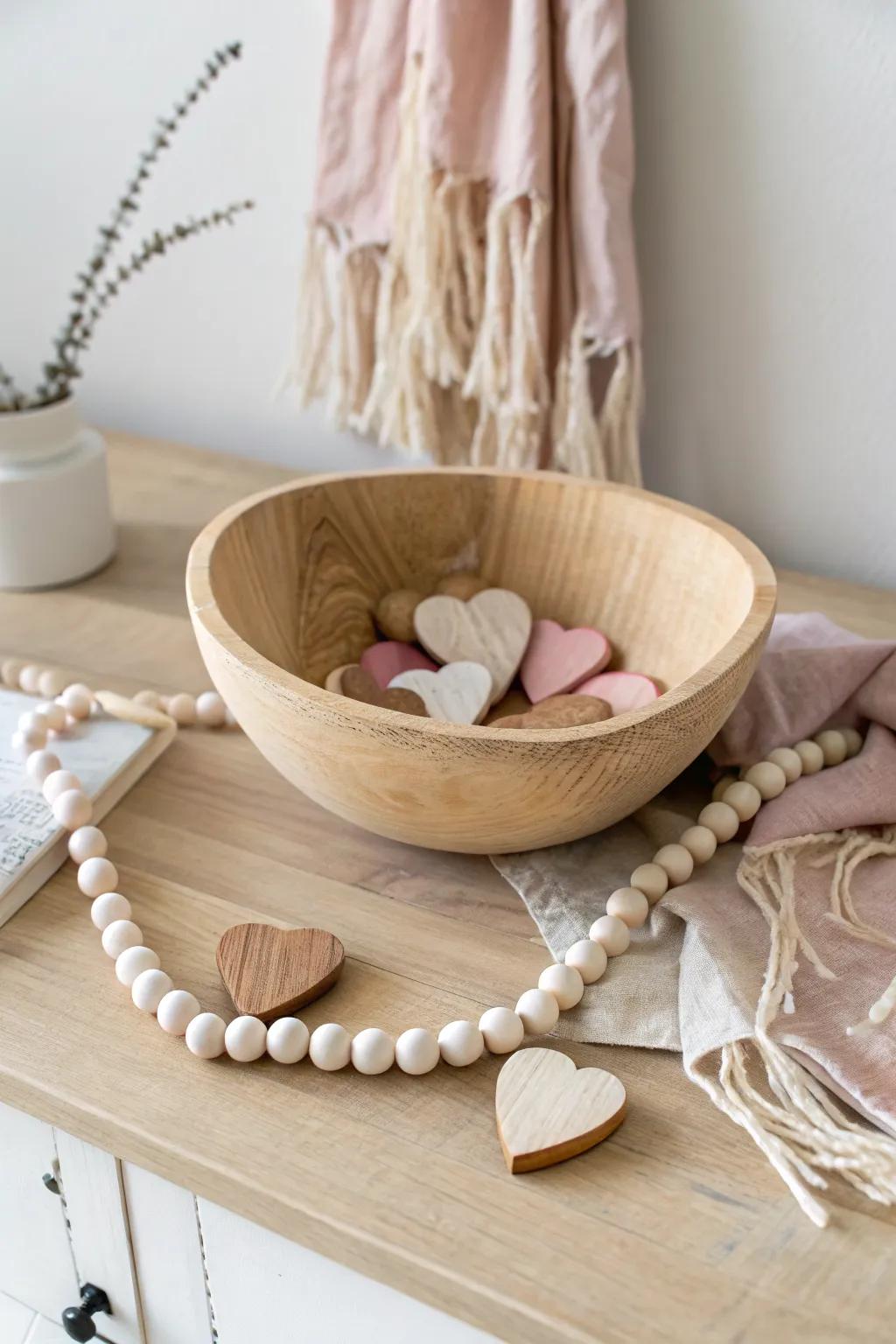 Wooden hearts + bead garland in a dough bowl—simple, romantic Valentine styling.