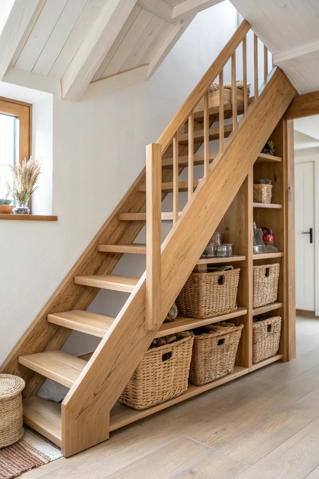 A real oak staircase with built-in cubbies makes your loft feel like a true second level.