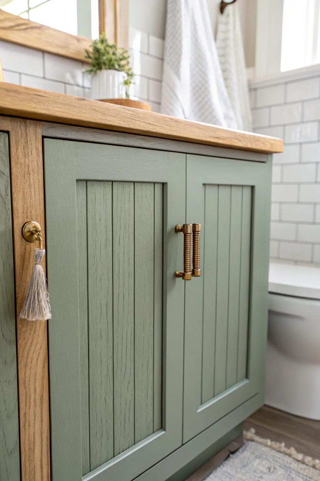 Sage green vertical shiplap adds cozy calm—perfect with white tile, oak warmth, and brass accents.