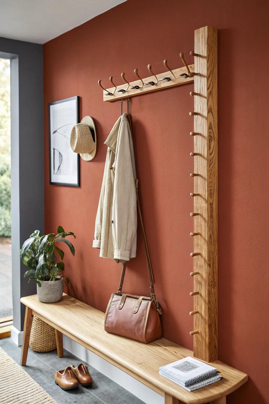 A sleek oak hook rail with a slim ledge creates vertical storage that keeps entryways calm.