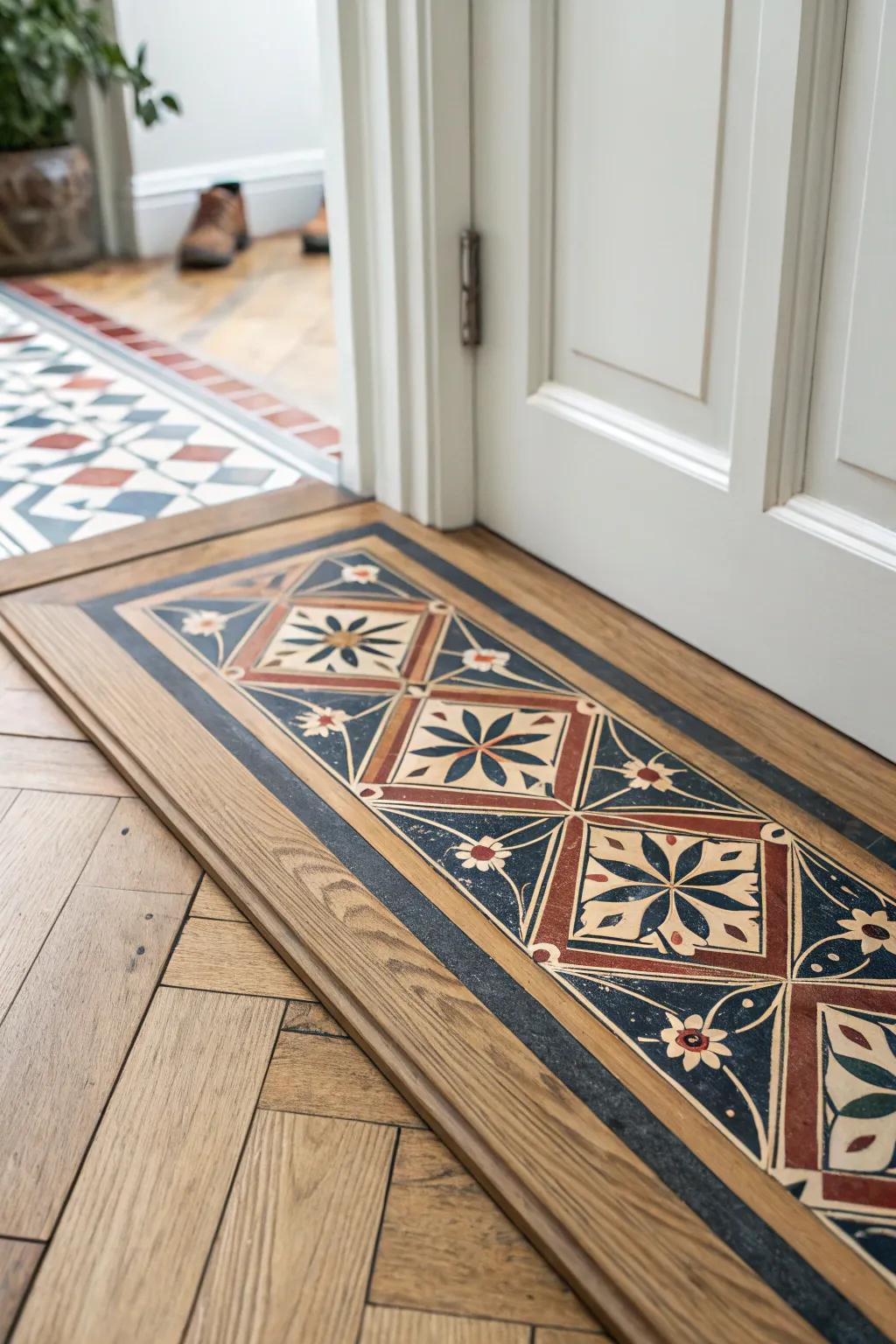 A wood-framed “tile rug” at the door—Victorian pattern, Scandinavian calm, bold contrast.