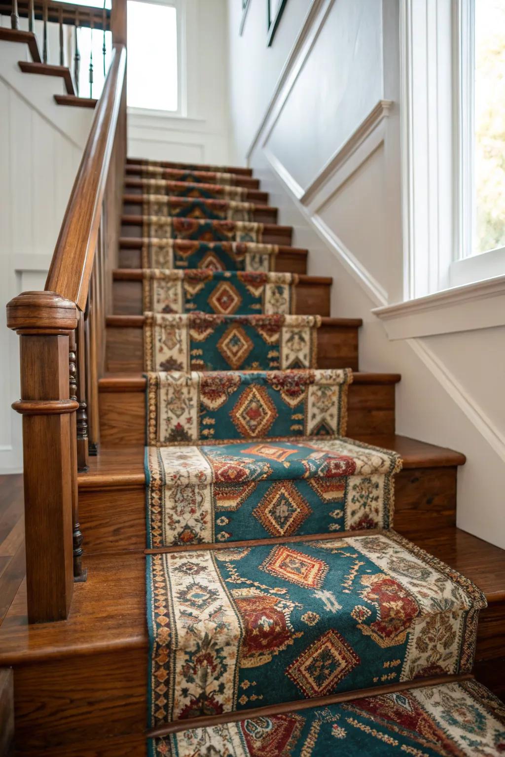 A vintage-pattern stair runner adds cozy Victorian charm while highlighting beautiful wood steps.