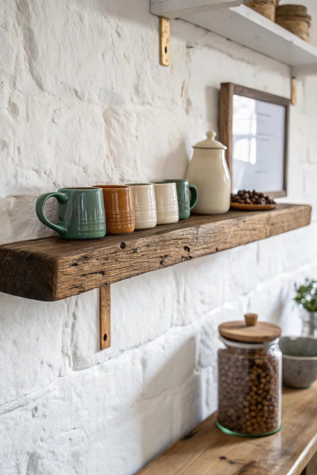 Chunky reclaimed floating shelf with brass hooks—vintage coffee bar style, sealed & splash-safe.