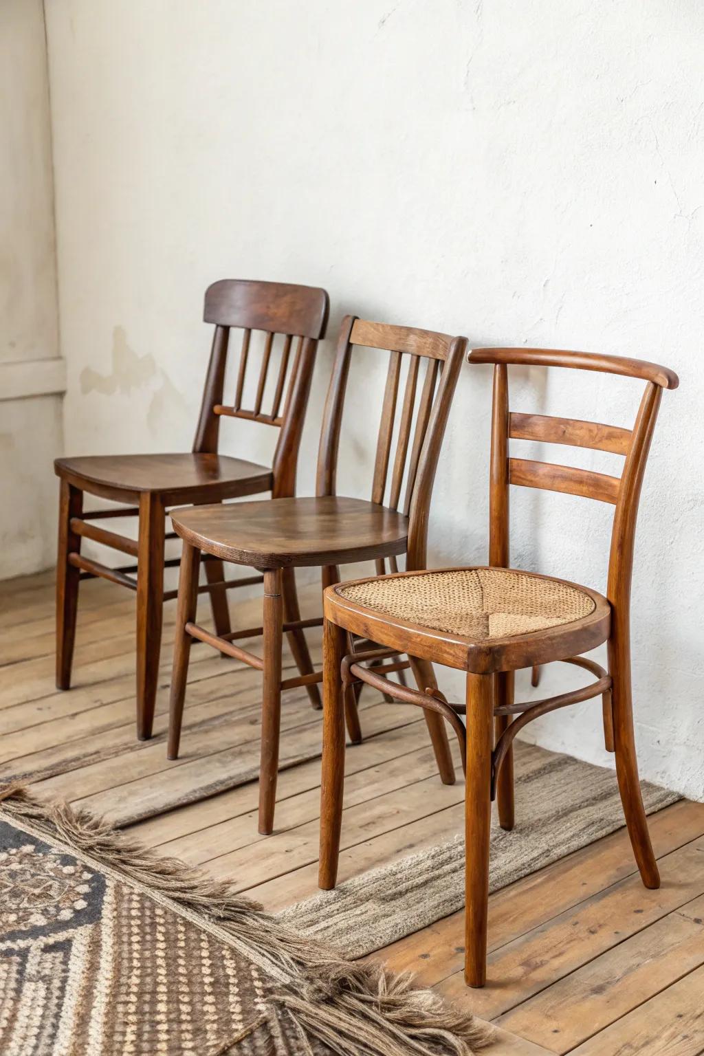 Mismatched vintage wooden chairs—same warm stain, different shapes for café charm.