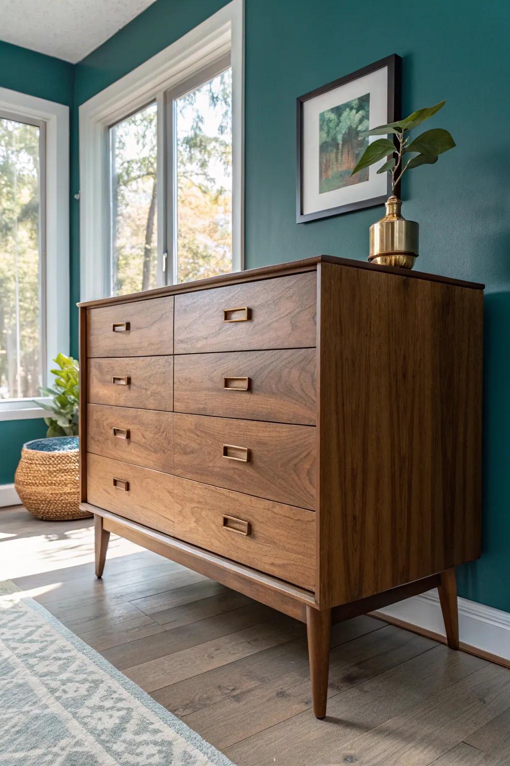 Refinished vintage dresser with modern brass pulls—rich grain, bold contrast, instant bedroom anchor.
