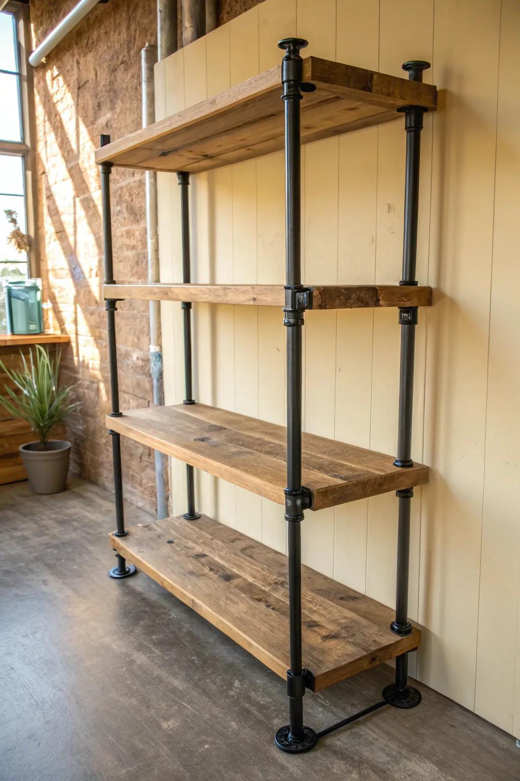 Chunky oak + matte black pipe shelving—minimal, rugged, and vintage-perfect behind a bar.