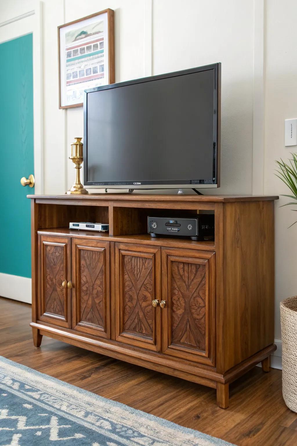 Classic raised-panel TV stand from upcycled doors—darker grooves for timeless depth.