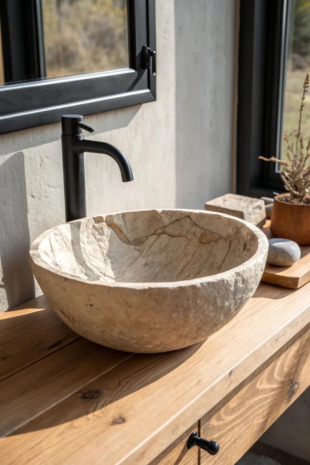 Raw stone sink, pared-back hardware—wabi-sabi calm with bold, modern contrast.