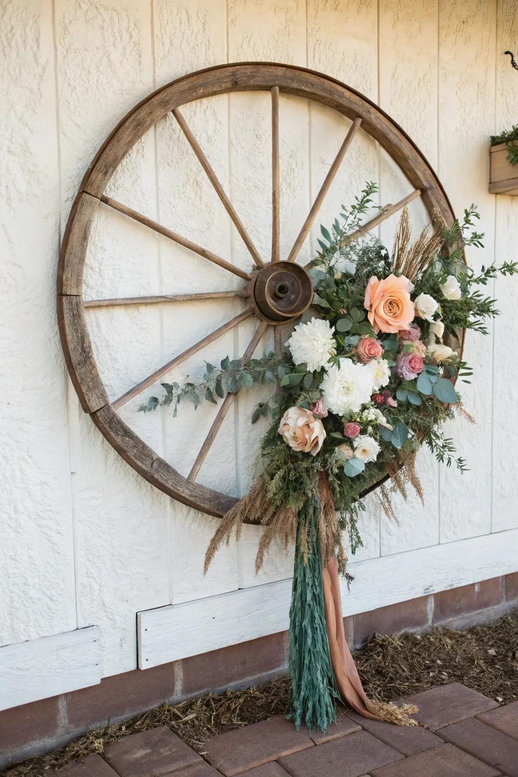 Wagon wheel wall art with a lush floral swag—boho warmth meets Scandinavian simplicity.