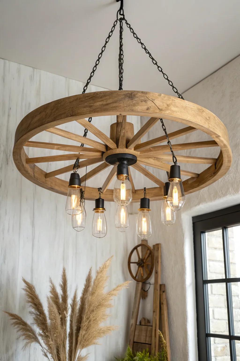 Lantern pendants on a wagon wheel chandelier cast cozy layered shadows with modern lodge charm.