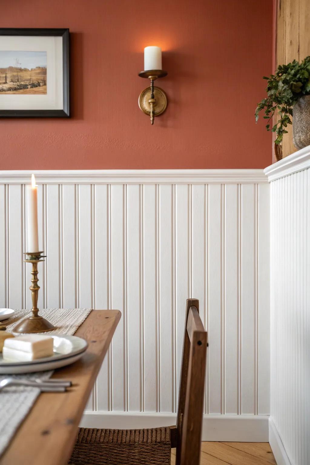 White beadboard wainscoting + warm brass candlelight for instant cottage dining room charm.