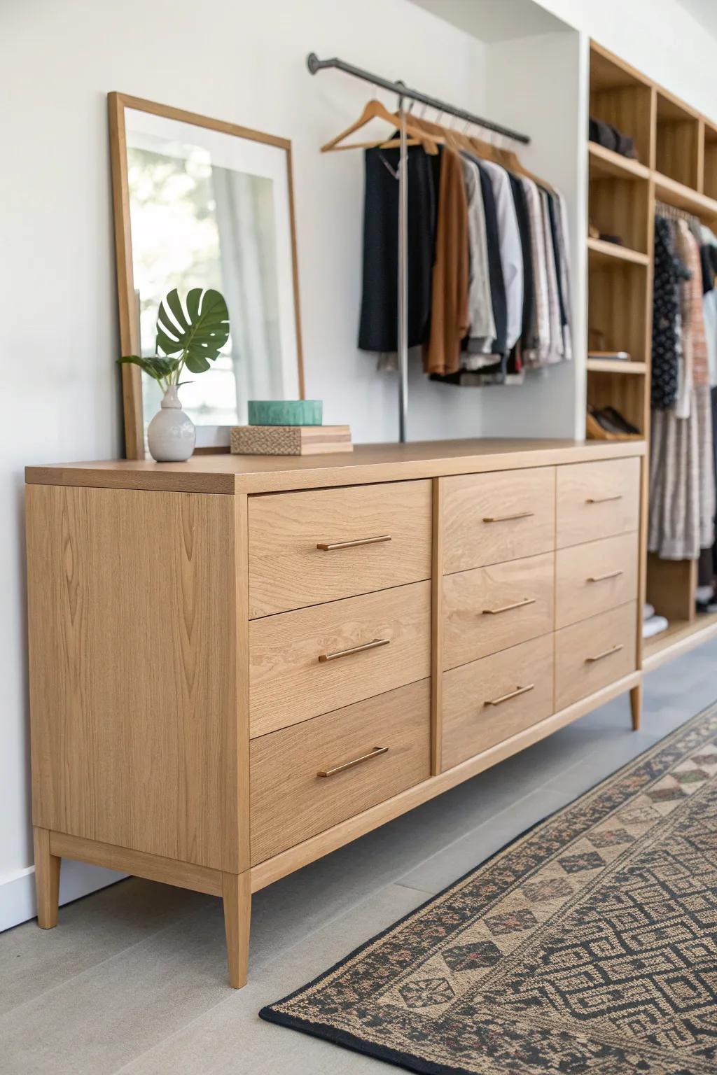 A long, low cedar dresser creates a chic folding station that makes closet routines effortless.