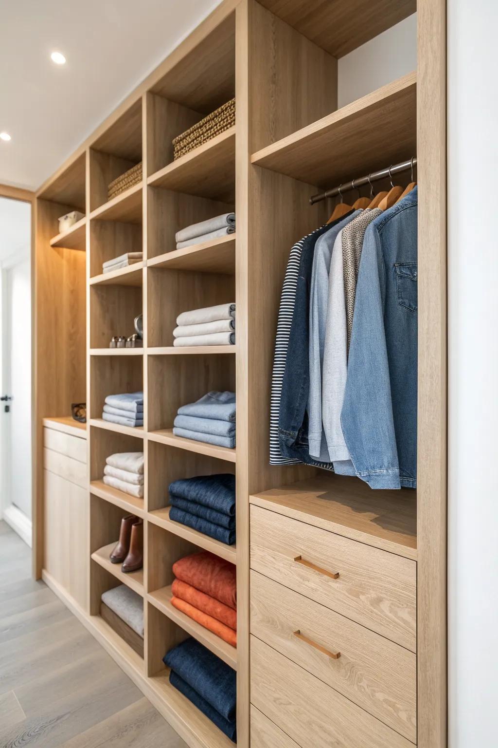 Boutique oak open shelving with a tiny front lip - keeps folded stacks neat and grab-ready.
