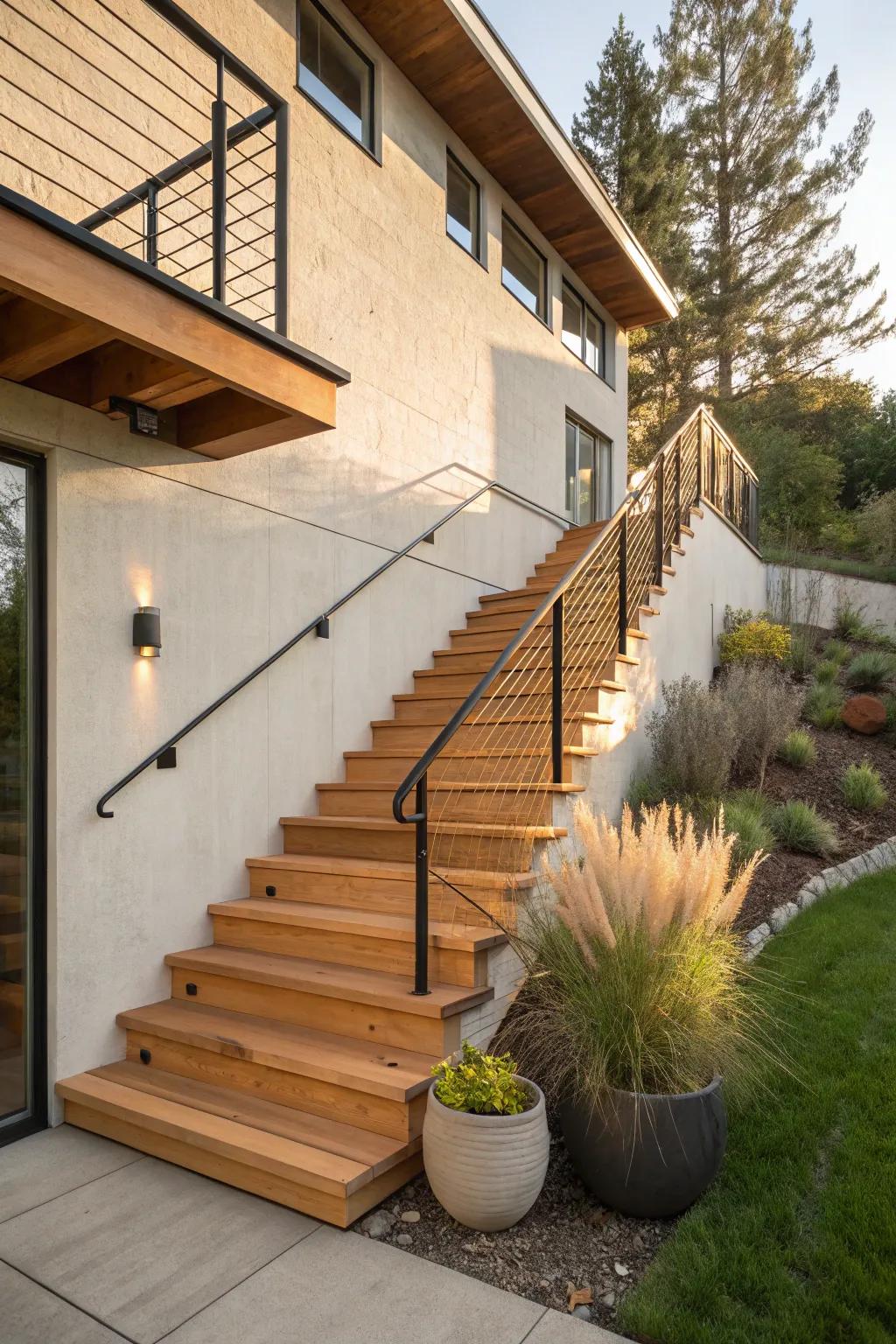 Wide walkout basement stairs with a mid-landing—safer steps and room for a statement planter.