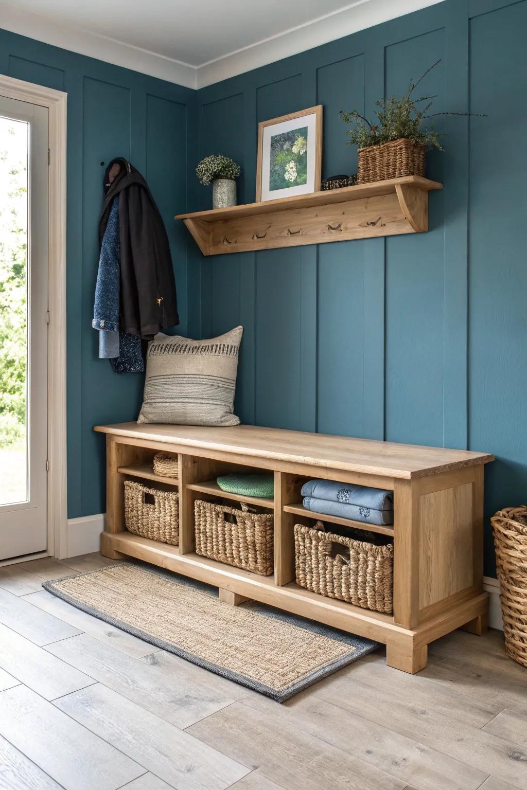 Minimal mudroom wall bench with open cubbies—pretty storage that hides clutter in seconds.
