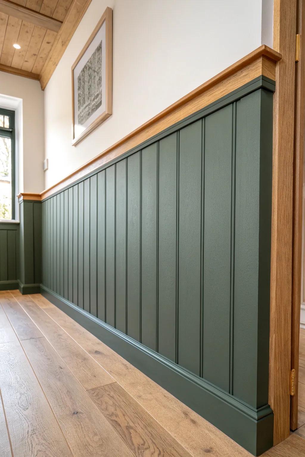 Cozy board-and-batten border: oak cap rail and bold sage panels for farmhouse charm.