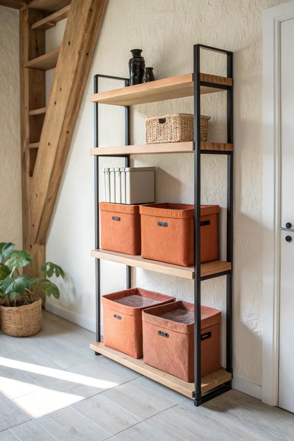 Double-deck wall shelves: two levels of clean oak storage without taking extra space.