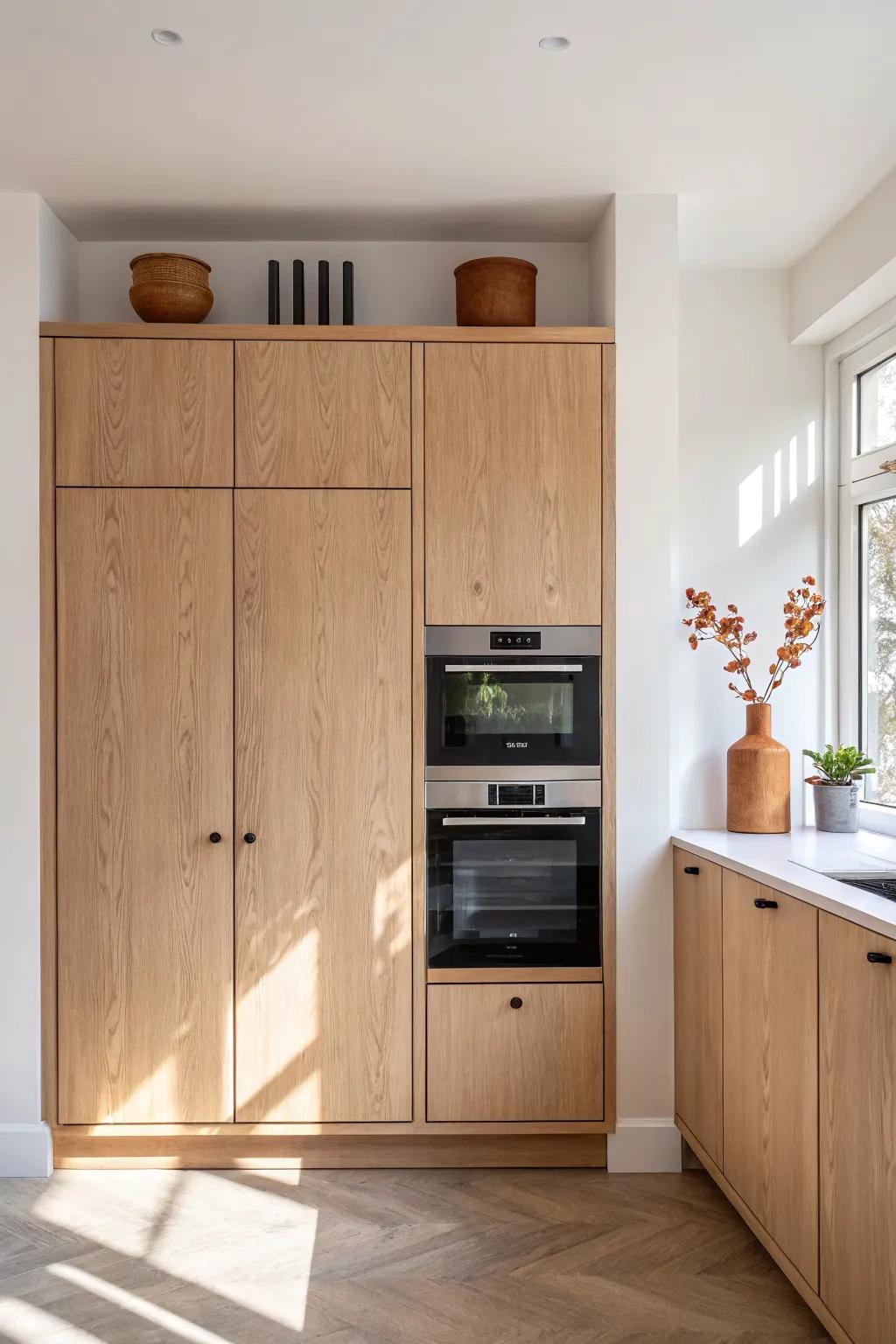 A built-in wall oven framed by pantry towers—symmetry, craftsmanship, and warm oak contrast.