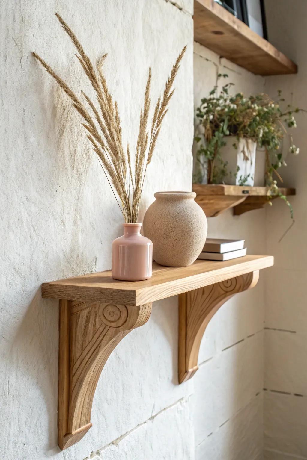 Curved corbel sconce shelf in white oak—an architectural perch for one perfect vase.