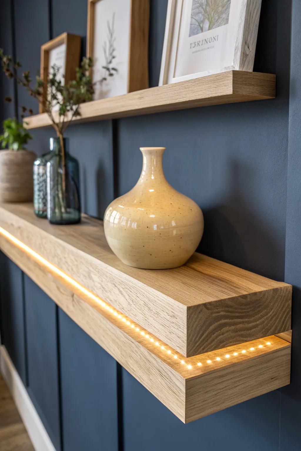 Hidden uplight on a floating oak shelf turns glass decor into a moody, gallery-style display.