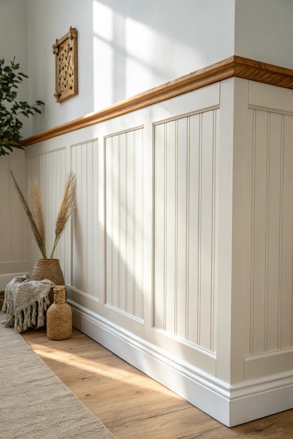 Cozy farmhouse texture: beadboard half-wall trim with an oak cap rail and clean Nordic contrast.