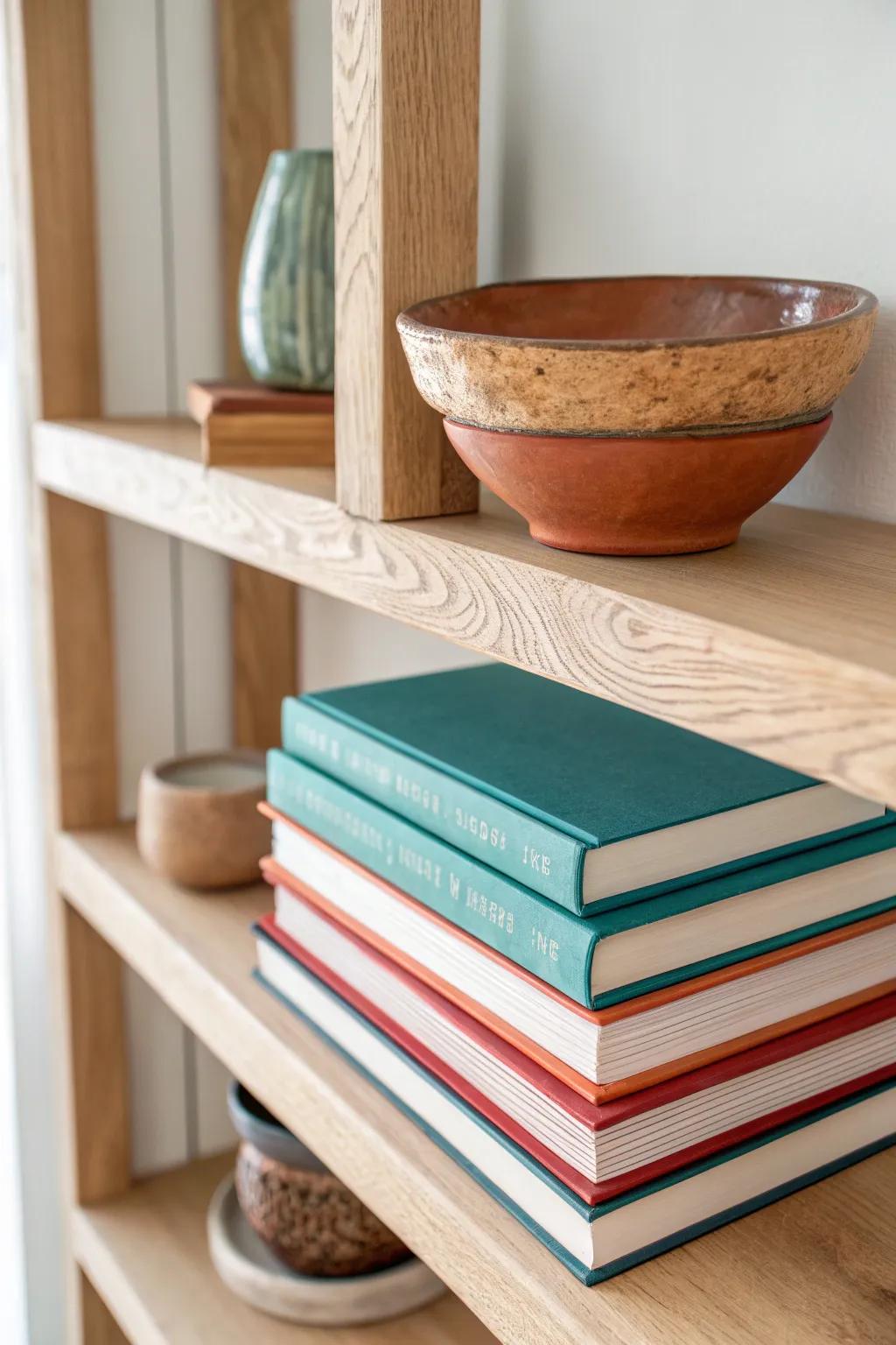 Stack books like decor blocks: a simple horizontal pile that boosts height and looks instantly styled.