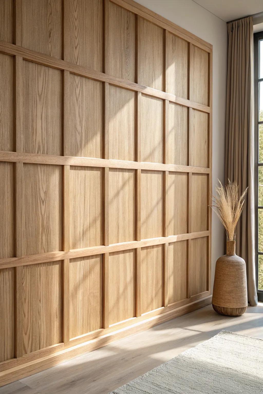 Board-and-batten grid wall paneling: clean oak lines + terracotta contrast for a custom look.