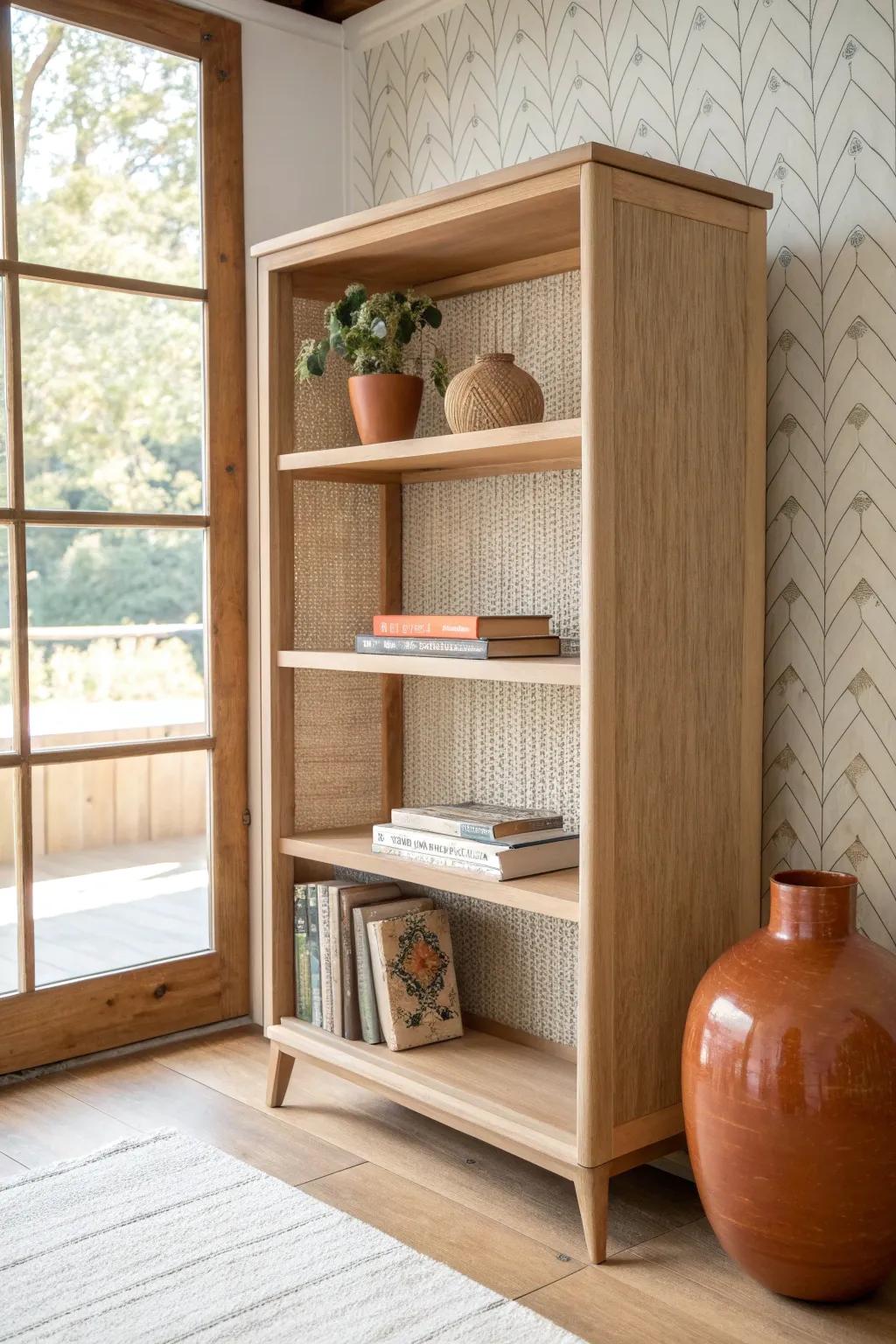 Linen-textured wallpaper behind oak shelves adds calm warmth without fighting book spines.