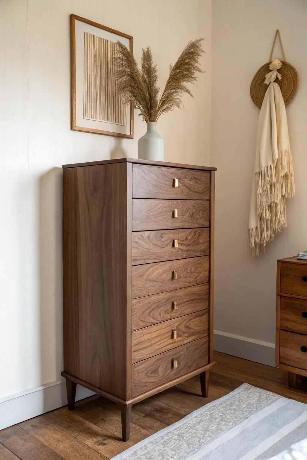 Go vertical with a tall walnut chest—big storage, tiny footprint, bold warmth in tight rooms.