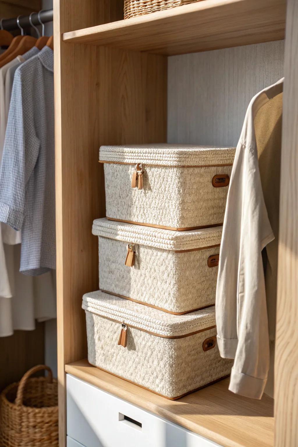 Top-shelf seasonal bins keep bulky sweaters and bedding tidy—without stealing prime space.
