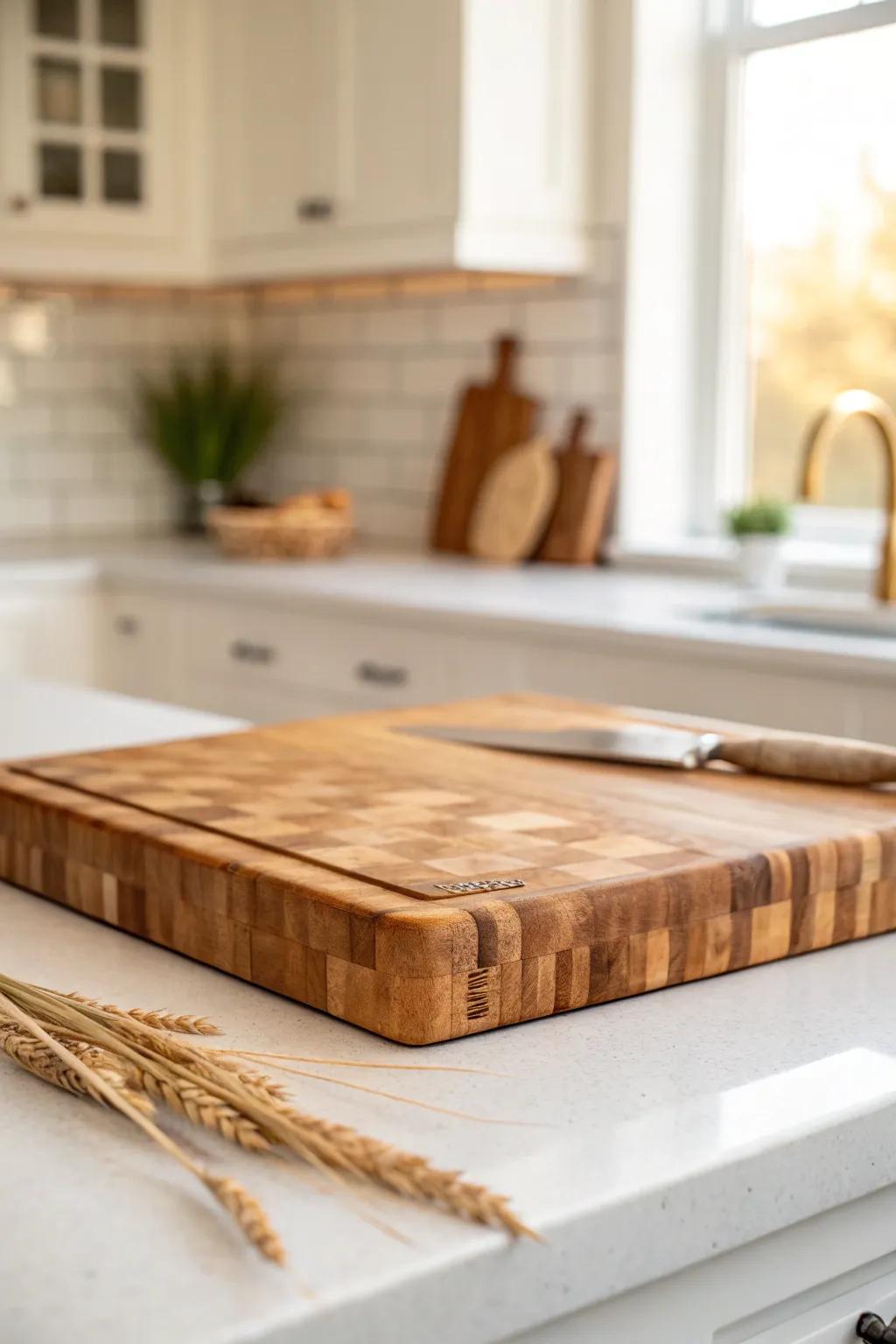 A warm white kitchen softener: an oiled butcher block zone that glows by the coffee station.