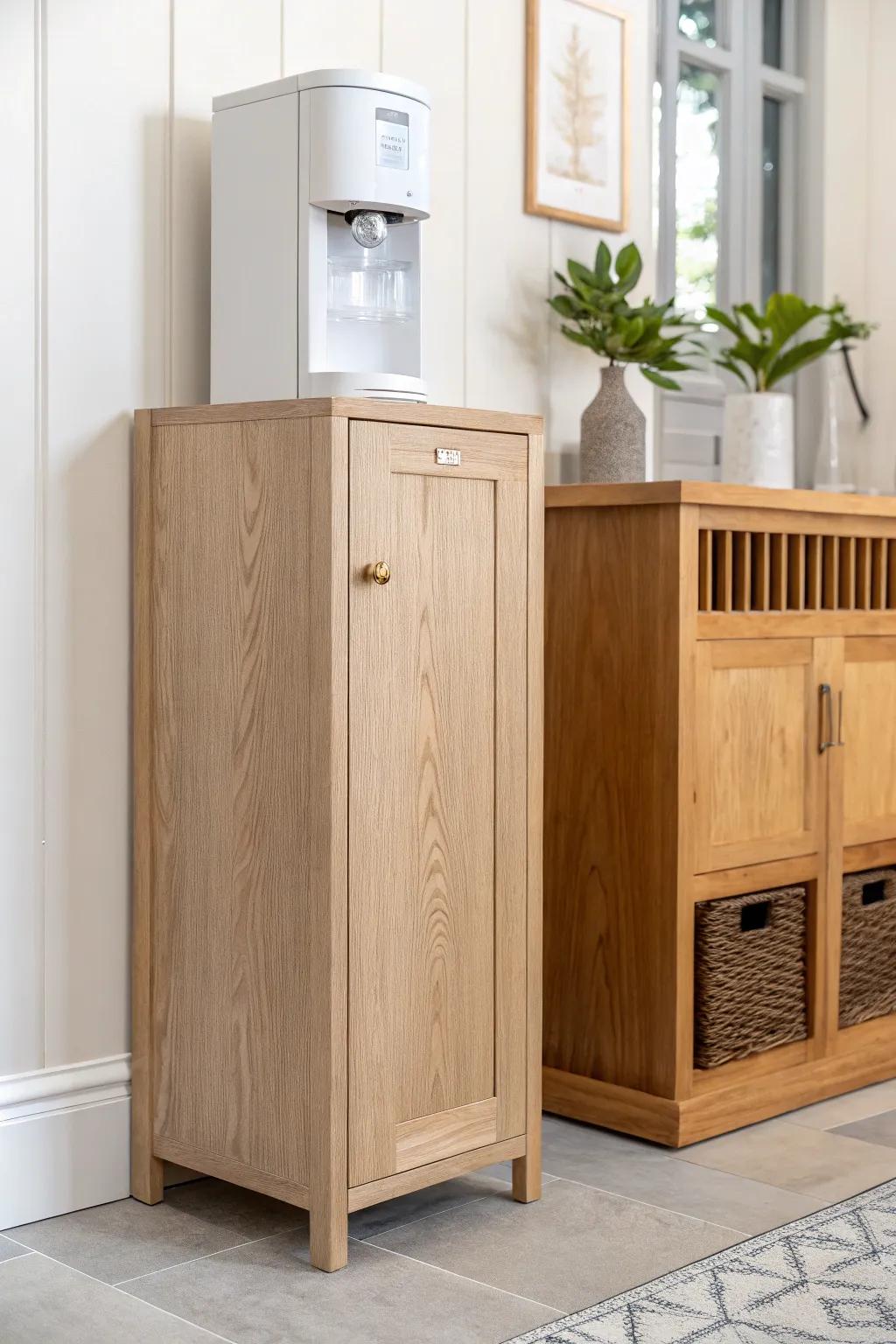 A slim oak cabinet turns your water dispenser into a chic, furniture-style decor moment.