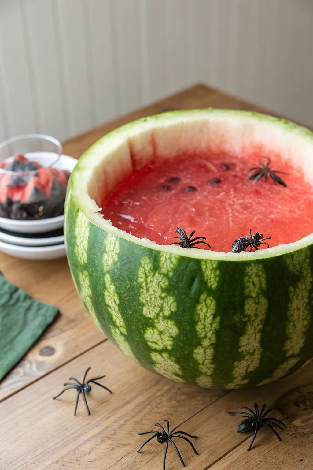 Elevate your Halloween festivities with a chic watermelon punch bowl that combines spooky fun with minimalist elegance.