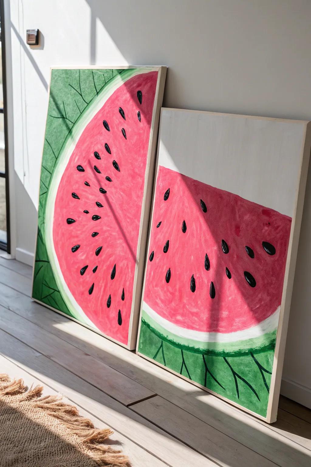 Add a refreshing splash of creativity to your space with this split canvas watermelon masterpiece!