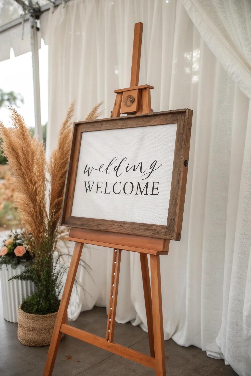 A bold framed welcome sign on a handcrafted oak easel for an instantly polished wedding look.