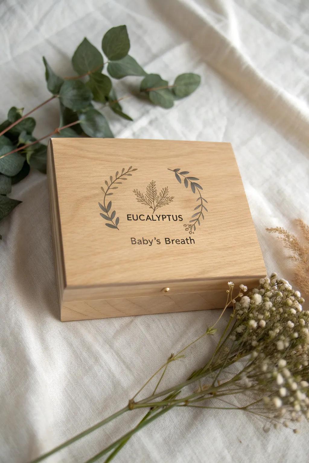 Laser-engraved eucalyptus wreath lid—romantic, minimal, and perfect for keepsake memories.