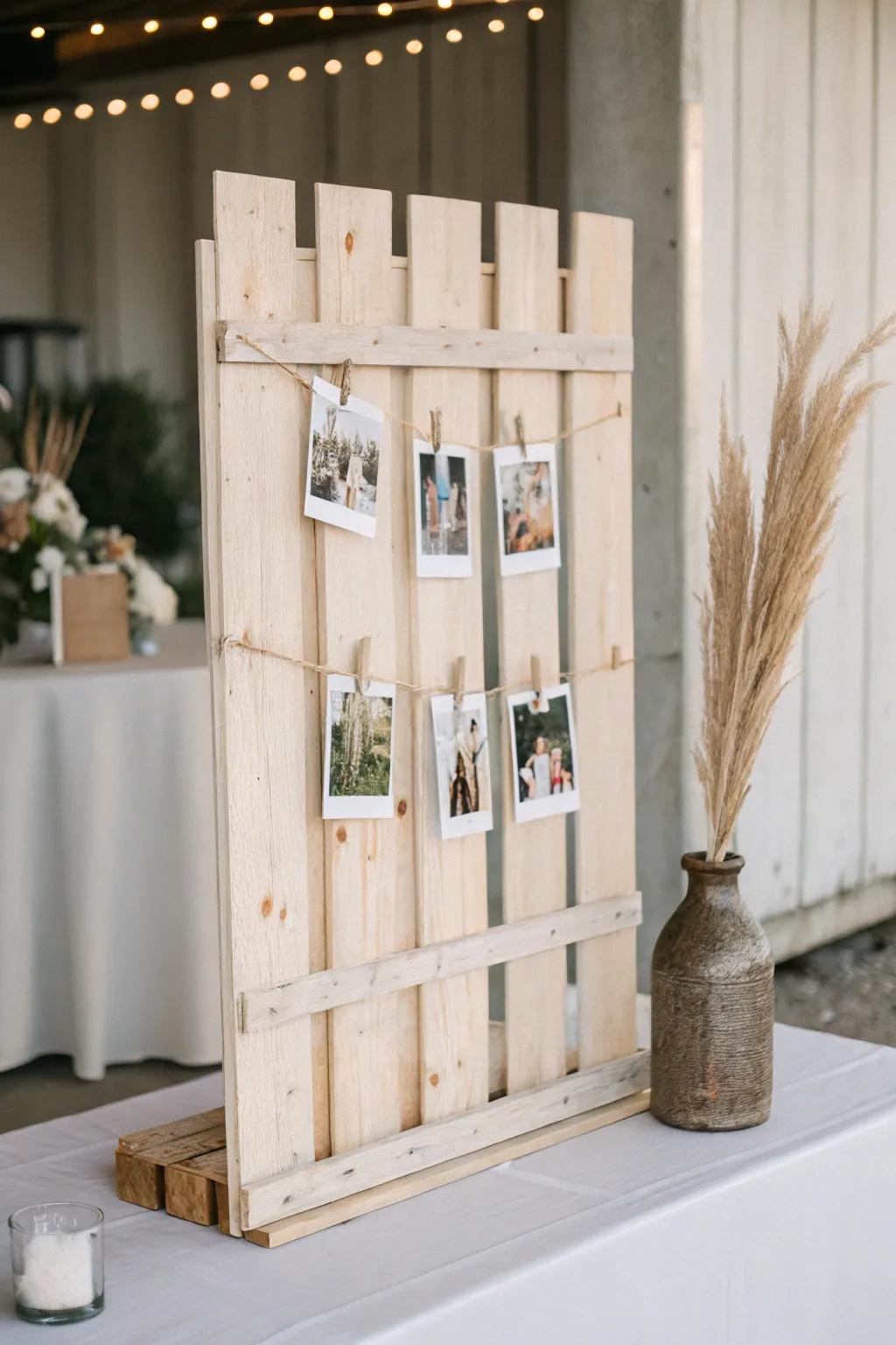 Rustic slatted backboard keeps wedding photos up high—styled, simple, and space-saving.