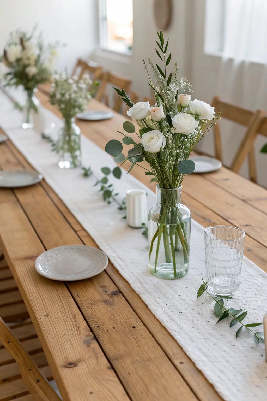 A grid of tiny bud vases down the center keeps the table airy, modern, and romantic.