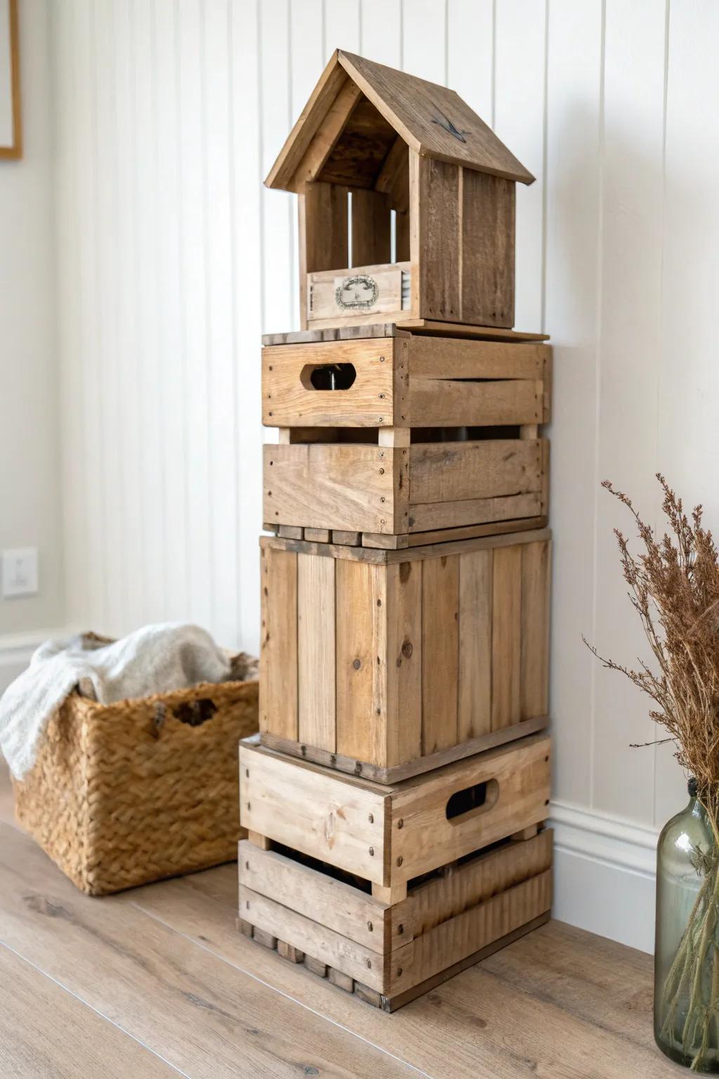 Rustic stacked wood crates topped with a handmade wishing well box—simple, cozy, drop-and-go.