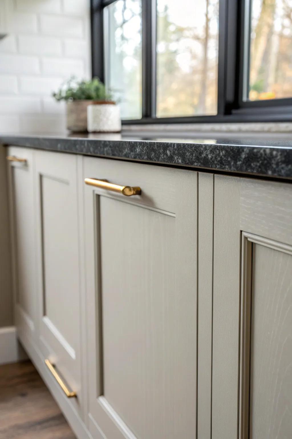 Light gray cabinets + black granite: a crisp, modern combo that still feels warm today.