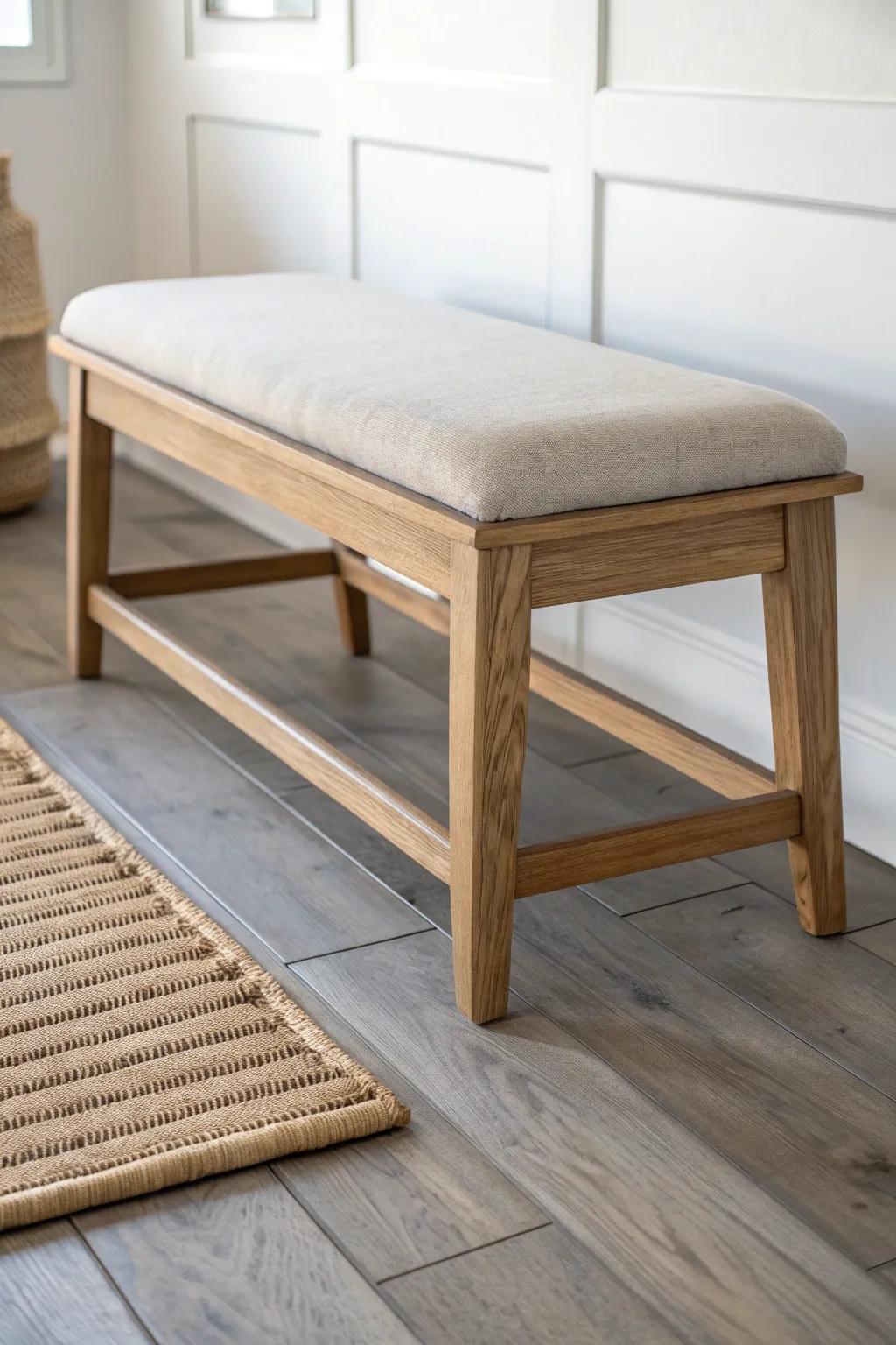 Taupe linen and warm oak bring cozy depth to gray floors—calm, neutral, and timeless.