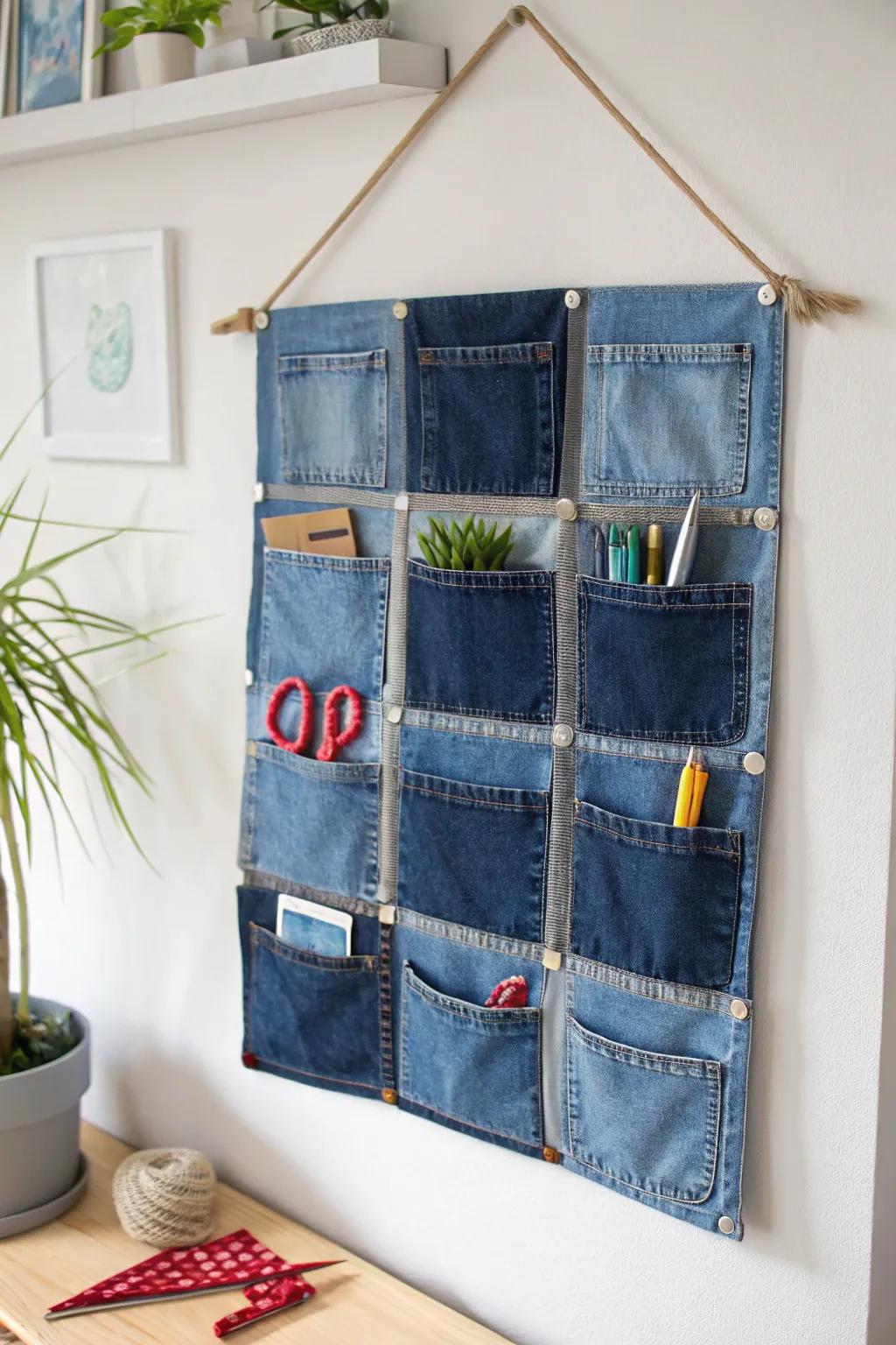 Upcycle with style: Transform old jeans into a chic denim wall organizer for your craft room!