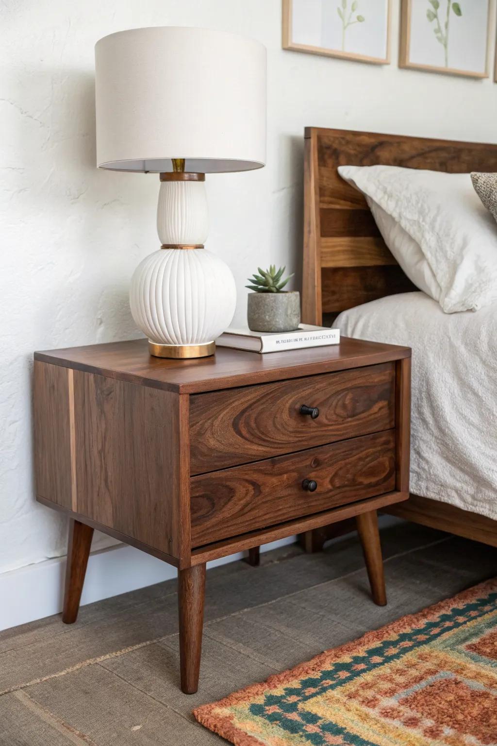 Brown nightstand, white ceramic lamp—clean contrast for a calm, styled white-and-brown bedroom.