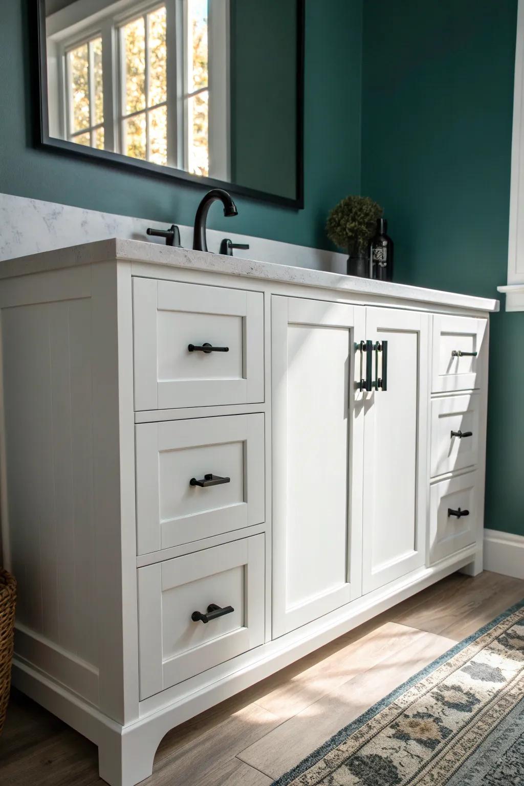 Crisp white vanity + matte black pulls—instant farmhouse-chic contrast in a minimalist bath.