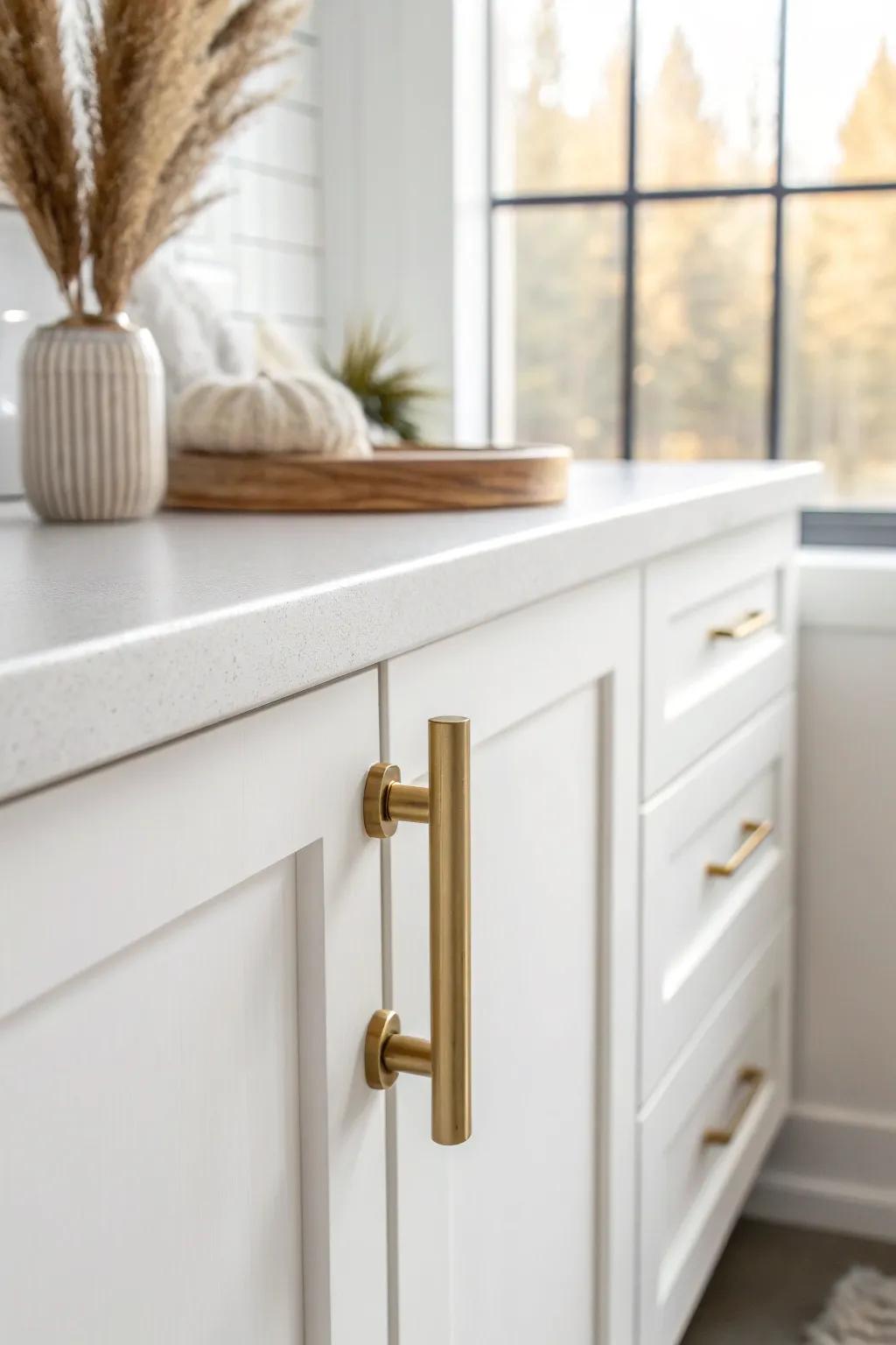 Warm brass hardware adds a cozy glow to white cabinets and white countertops—soft, elegant shine.